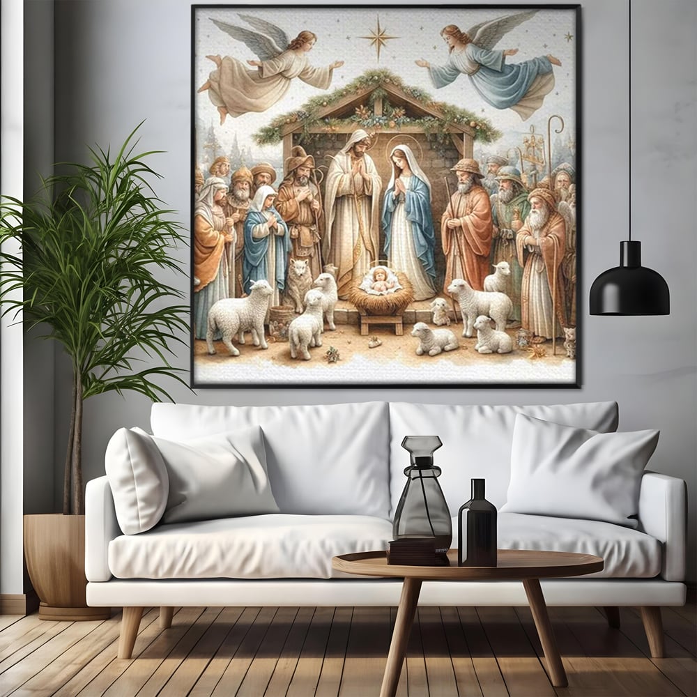 Tablou canvas cu ilustratie religioasa cu scena nasterii domnului, in rama de aluminiu negru, pe perete intr-un living